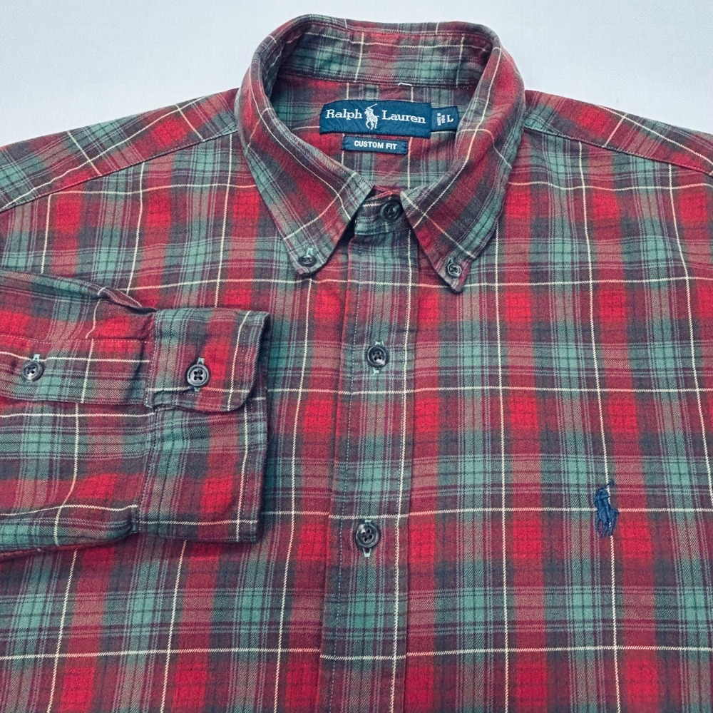 Ralph Lauren Custom Fit Shirt Mens L Plaid Red Green Button Down Preppy Heritage